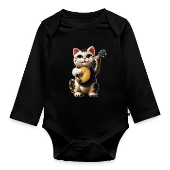 Maneki Neko Chat Japonais Lucky Bluegrass Banjo - Body Bébé bio manches longues - noir - Devant