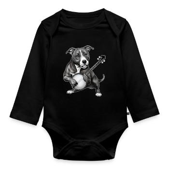 Pitbull Pittie Hund Bluegrass Banjo Spieler - Baby Bio-Langarm-Body - Schwarz - Vorne