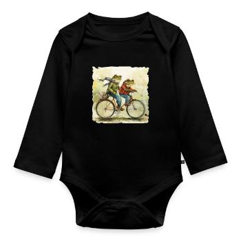 Grenouilles sur tandem dans un style rétro - Body Bébé bio manches longues - noir - Devant