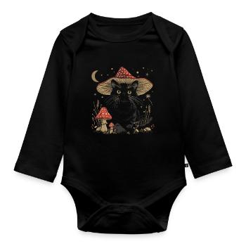 Cottagecore Aesthetic Black Cat Mushroom Hat Wi - Organic Longsleeve Baby Bodysuit - black - Front