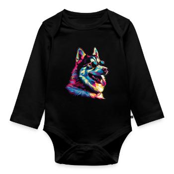 Lunettes de soleil chien Husky Sibérien Popart - Body Bébé bio manches longues - noir - Devant