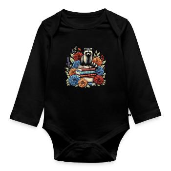 Raccoon Flower Book Reader Floral Cottagecore - Organic Longsleeve Baby Bodysuit - black - Front