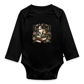 Lapin Fleur Livre Lecteur Floral Cottagecore - Body Bébé bio manches longues - noir - Devant