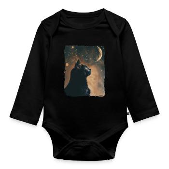 Schwarze Katze Tier Sterne Vollmond Nacht Sternenhimmel - Baby Bio-Langarm-Body - Schwarz - Vorne