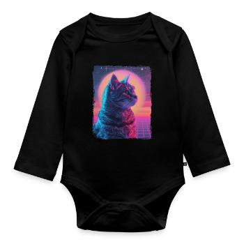 Funny Cute Retro Cat Animal 80s Neon Sun Fat Cat - Organic Longsleeve Baby Bodysuit - black - Front