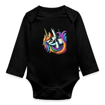Regenbogen Einhorn mit Sonnenbrille Comic Kunst - Baby Bio-Langarm-Body - Schwarz - Vorne