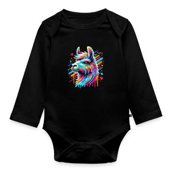 Rainbow Llama Alpaca in Bright Colors Comic Art - Organic Longsleeve Baby Bodysuit - black - Front
