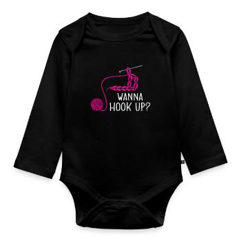 Crochet Knitting Yarn Lover Crochet Hook want to Hoo - Organic Longsleeve Baby Bodysuit - black - Front