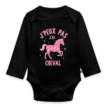 Équitation Humoristique - Cheval Rose - Body Bébé bio manches longues - noir - Devant
