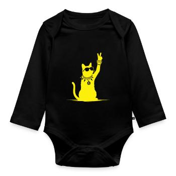 Gelbe Rocker Katze – Cooles Design für Musikfans - Baby Bio-Langarm-Body - Schwarz - Vorne