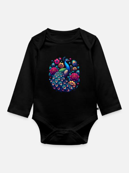 Majestätischer Pfau mit Blumenpracht in - Baby Bio-Langarm-Body - Schwarz