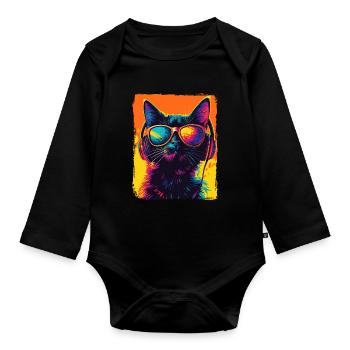 DJ Cool Black Cat With Headphones EDM Music Techno - Organic Longsleeve Baby Bodysuit - black - Front