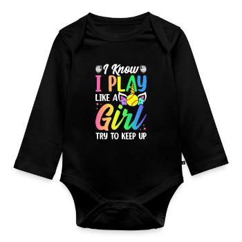 Softball Girl Weibliche Softballspielerin I Play - Baby Bio-Langarm-Body - Schwarz - Vorne