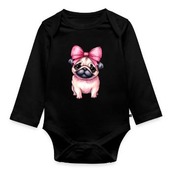 Coquette Bow Pug Dog Mom Pink Bow Mom - Organic Longsleeve Baby Bodysuit - black - Front