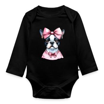 Coquette Bow Boston Terrier Chien Maman Rose - Body Bébé bio manches longues - noir - Devant