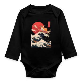 Corgi Dog Hund Animal Japanese Surfing Beach Wave - Organic Longsleeve Baby Bodysuit - black - Front