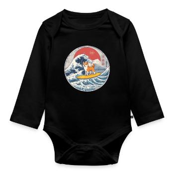 Shiba Inu Dog Animal Japanese Surfing Beach Wave - Organic Longsleeve Baby Bodysuit - black - Front