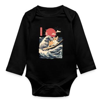 Corgi Dog Hund Animal Japanese Surfing Beach Wave - Organic Longsleeve Baby Bodysuit - black - Front