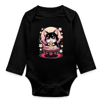 Kawaii Cat Ramen Noodles Anime Cat - Organic Longsleeve Baby Bodysuit - black - Front