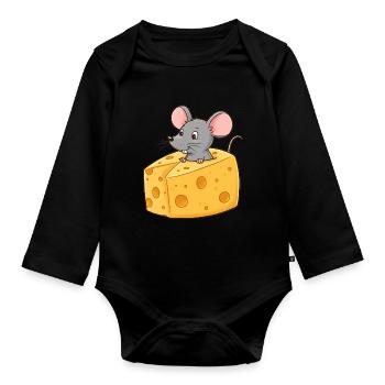 Animal Cartoon Mouse with Cheese - Organic Longsleeve Baby Bodysuit - black - Front