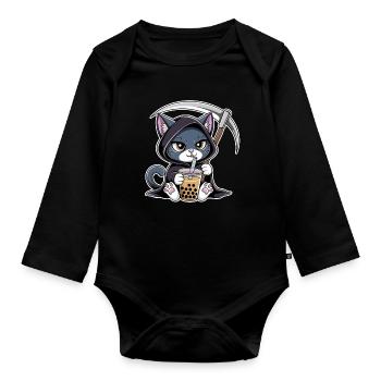 Sensenmann Katze Anime Katze Bubble Tea - Baby Bio-Langarm-Body - Schwarz - Vorne