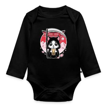 Grim Reaper Anime Cat Cherry Blossom - Organic Longsleeve Baby Bodysuit - black - Front