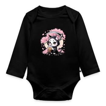 Grim Reaper Anime Cat Cherry Blossom - Organic Longsleeve Baby Bodysuit - black - Front