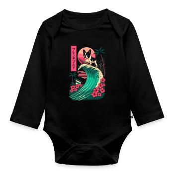 French Bulldog Dog Animal Japanese Surfing Flower - Organic Longsleeve Baby Bodysuit - black - Front
