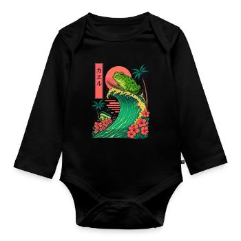 grenouille crapaud animal japonais surf fleur coucher de soleil - Body Bébé bio manches longues - noir - Devant