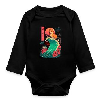 Corgi Dog Animal Japanese Surfing Flower Sunset - Organic Longsleeve Baby Bodysuit - black - Front