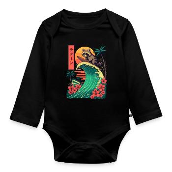 Raccoon Animal Japanese Surfing Flower Sunset - Organic Longsleeve Baby Bodysuit - black - Front