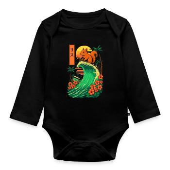 Squirrel Rodent Animal Japanese Surfing Flower - Organic Longsleeve Baby Bodysuit - black - Front