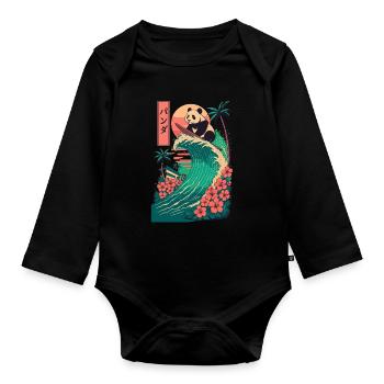 Panda Bear Animal Japanese Surfing Flower Sunset - Organic Longsleeve Baby Bodysuit - black - Front