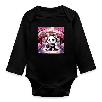 Grim Reaper Anime Cat Cherry Blossom - Organic Longsleeve Baby Bodysuit - black - Front