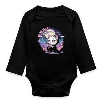 Grim Reaper Anime Cat Cherry Blossom - Organic Longsleeve Baby Bodysuit - black - Front