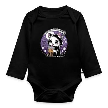 Grim Reaper Anime Cat Cherry Blossom - Organic Longsleeve Baby Bodysuit - black - Front