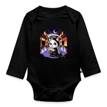 Grim Reaper Anime Cat Cherry Blossom - Organic Longsleeve Baby Bodysuit - black - Front