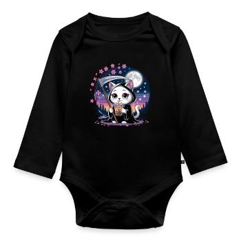 Grim Reaper Anime Cat Cherry Blossom - Organic Longsleeve Baby Bodysuit - black - Front