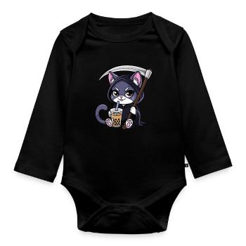 Grim Reaper Anime Cat Cherry Blossom - Organic Longsleeve Baby Bodysuit - black - Front