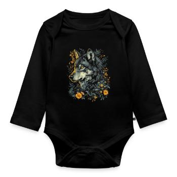 Wolf Wolfskopf Blumen Pflanzen Natur Wildnis Kunst - Baby Bio-Langarm-Body - Schwarz - Vorne