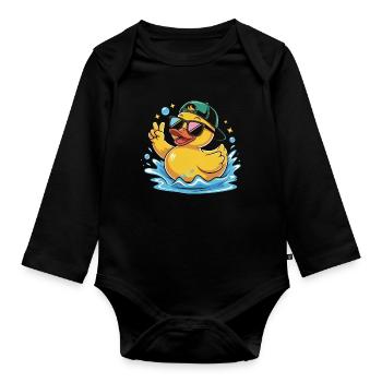 coole Ente Gummiente Cartoon Sonnenbrille Kappe - Baby Bio-Langarm-Body - Schwarz - Vorne