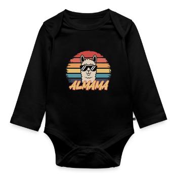 Retro Alpaka Shirt – ALMAMA Design - Baby Bio-Langarm-Body - Schwarz - Vorne