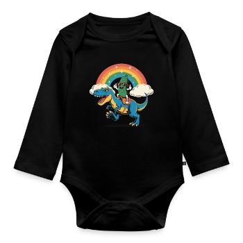 Gurke Gurke reitet einen Dinosaurier Regenbogen Karikatur - Baby Bio-Langarm-Body - Schwarz - Vorne