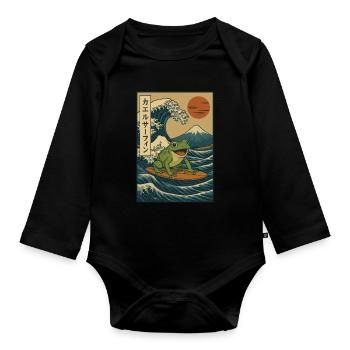 Surfing Frog Japanese Wave Art Mount Fuji Red Sun - Organic Longsleeve Baby Bodysuit - black - Front