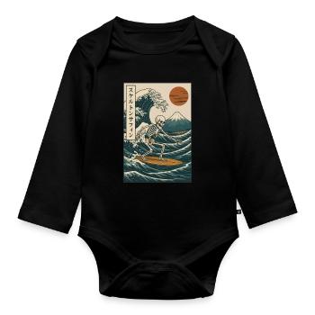 Skeleton Surfing Japanese Wave Mt Fuji Retro Art - Organic Longsleeve Baby Bodysuit - black - Front