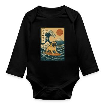 Carlin Chien Amoureux Surf Japonais Vague Mont Fuji Art - Body Bébé bio manches longues - noir - Devant