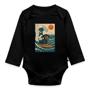 Dachshund Dog Lover Surfing Japanese Wave Art - Organic Longsleeve Baby Bodysuit - black - Front
