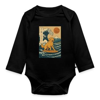 Golden Retriever Dog Surfing Wave Japanese Style - Organic Longsleeve Baby Bodysuit - black - Front