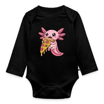 Cute Cartoon Pink Axolotl Eating Pizza Amphibian - Organic Longsleeve Baby Bodysuit - black - Front