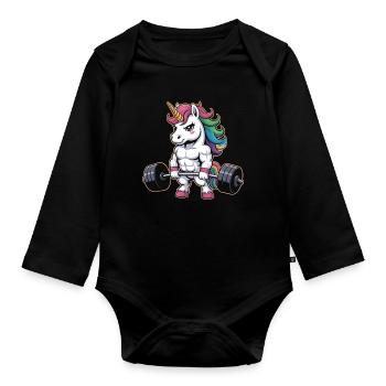 Muskulöses Einhorn Gewichtheben Fitnessstudio Fitness Workout - Baby Bio-Langarm-Body - Schwarz - Vorne